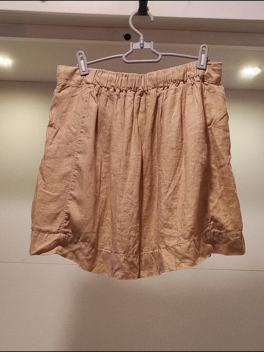 100% Linen Tan Drawstring Elastic Waist Mini Skirt